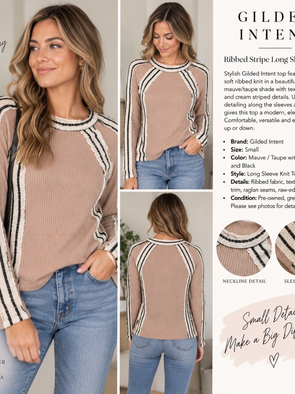 Gilded Intent Ribbed Stripe Long Sleeve Top Women’s Small Taupe Boho